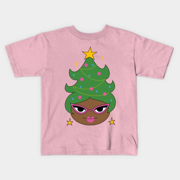 Retro Christmas Tree Cute Beehive - Black Girl Hair Kids T-Shirt by PUFFYP